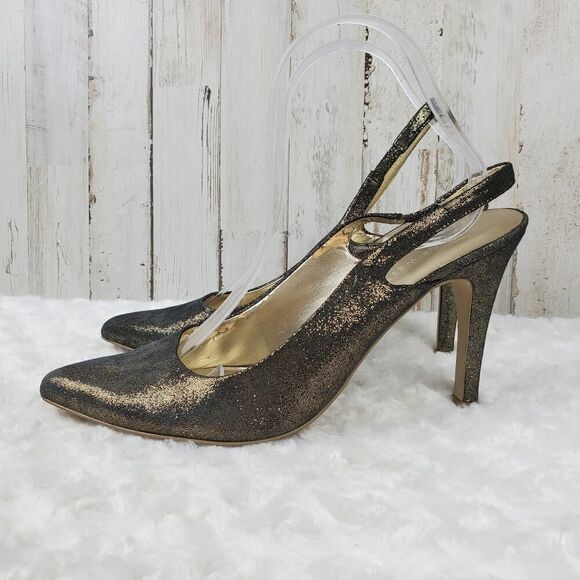 Nine West Gilman Leather Heels Glitter Gold Size 9 - Picture 2 of 8